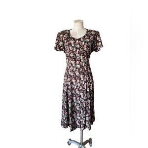 Vintage 90s Floral Flutter sleeve Dress Button-Up Front Maxi, Cotton Blend small